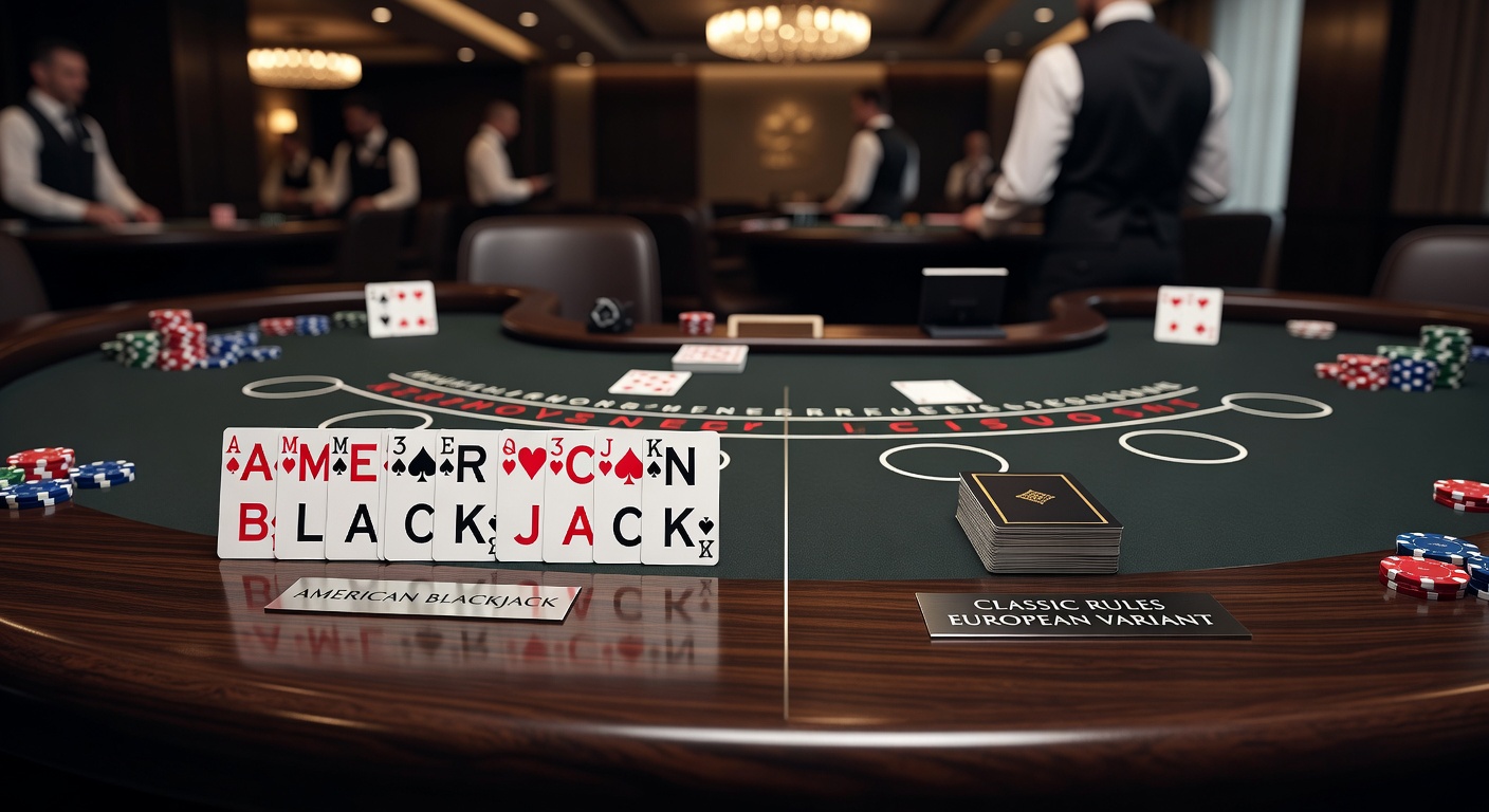 Vergleichstisch mit American und European Blackjack-Regeln, Karten und Chips im Vordergrund