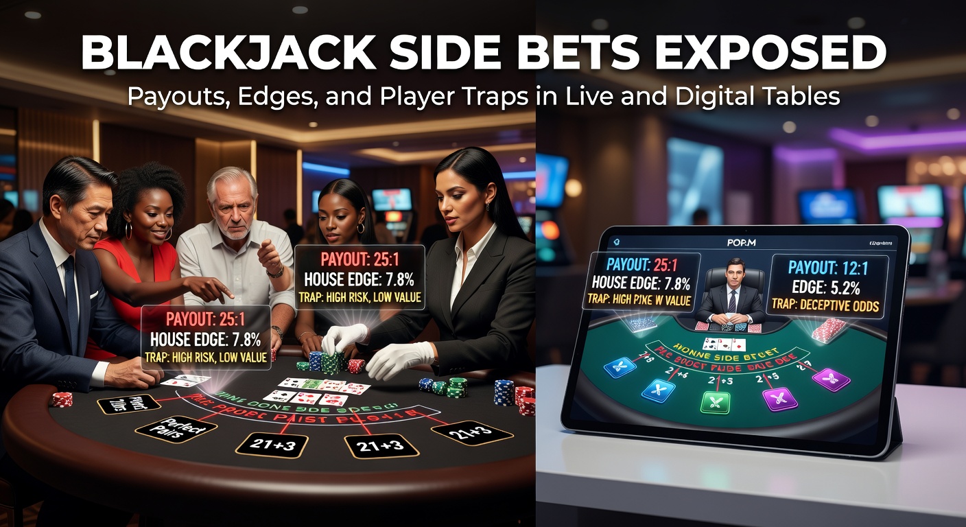 Ein dynamisches Blackjack-Tisch-Setup mit Side Bets an einem Live-Casino-Tisch, wo Chips auf verschiedene Wettoptionen platziert sind