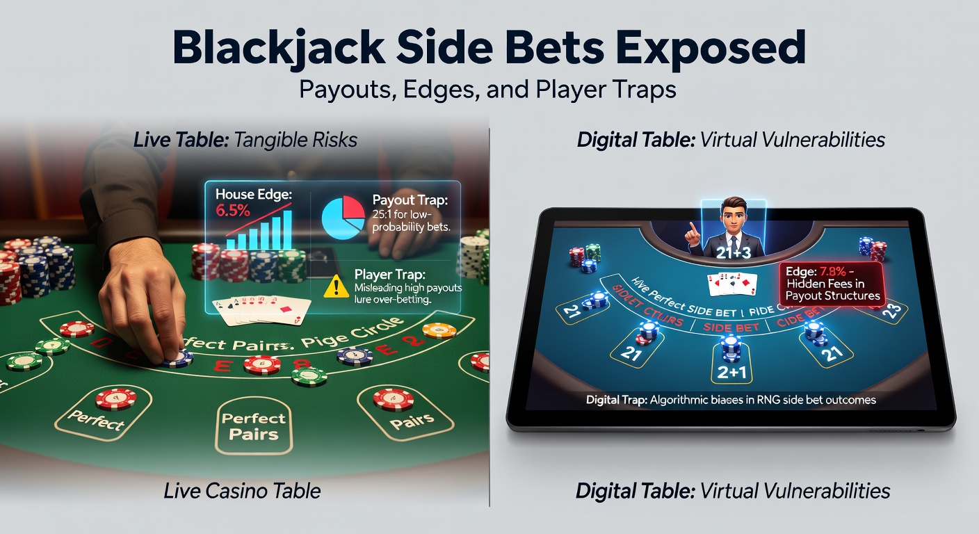 Nahaufnahme einer digitalen Blackjack-Schnittstelle mit hervorgehobenen Side-Bet-Feldern, die Payout-Tabellen und Chips anzeigen