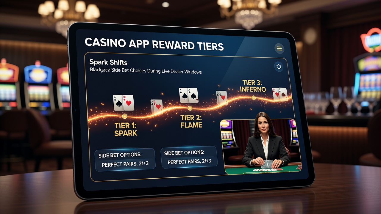 Live-Dealer-Blackjack-Tisch mit App-Oberfläche und sichtbaren Belohnungsindikatoren für Seitenwetten