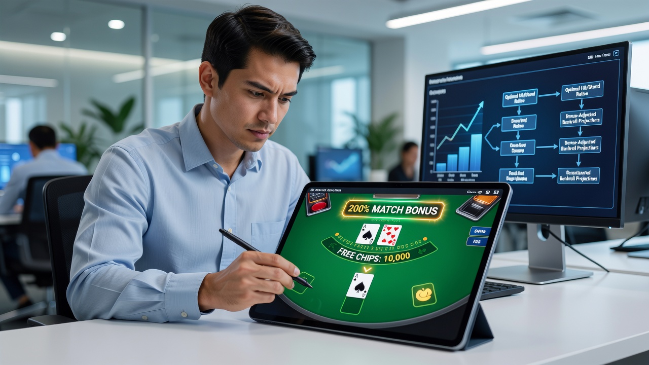 Blackjack strategy chart displayed during free mobile practice with bonus overlay
