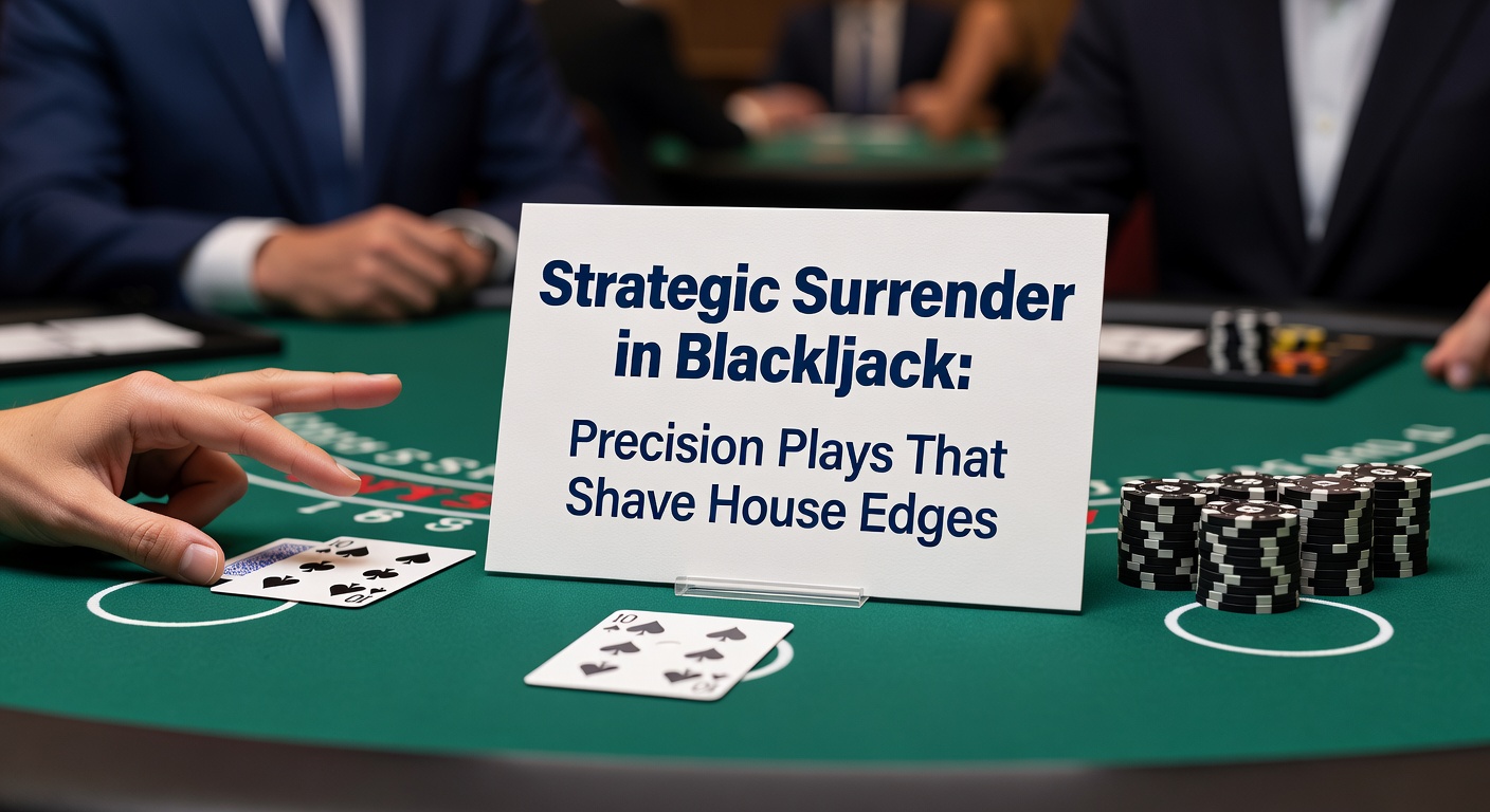 Blackjack-Tisch mit Karten und Surrender-Option, bei dem ein Spieler eine schwierige Hand gegen den Dealer abgibt