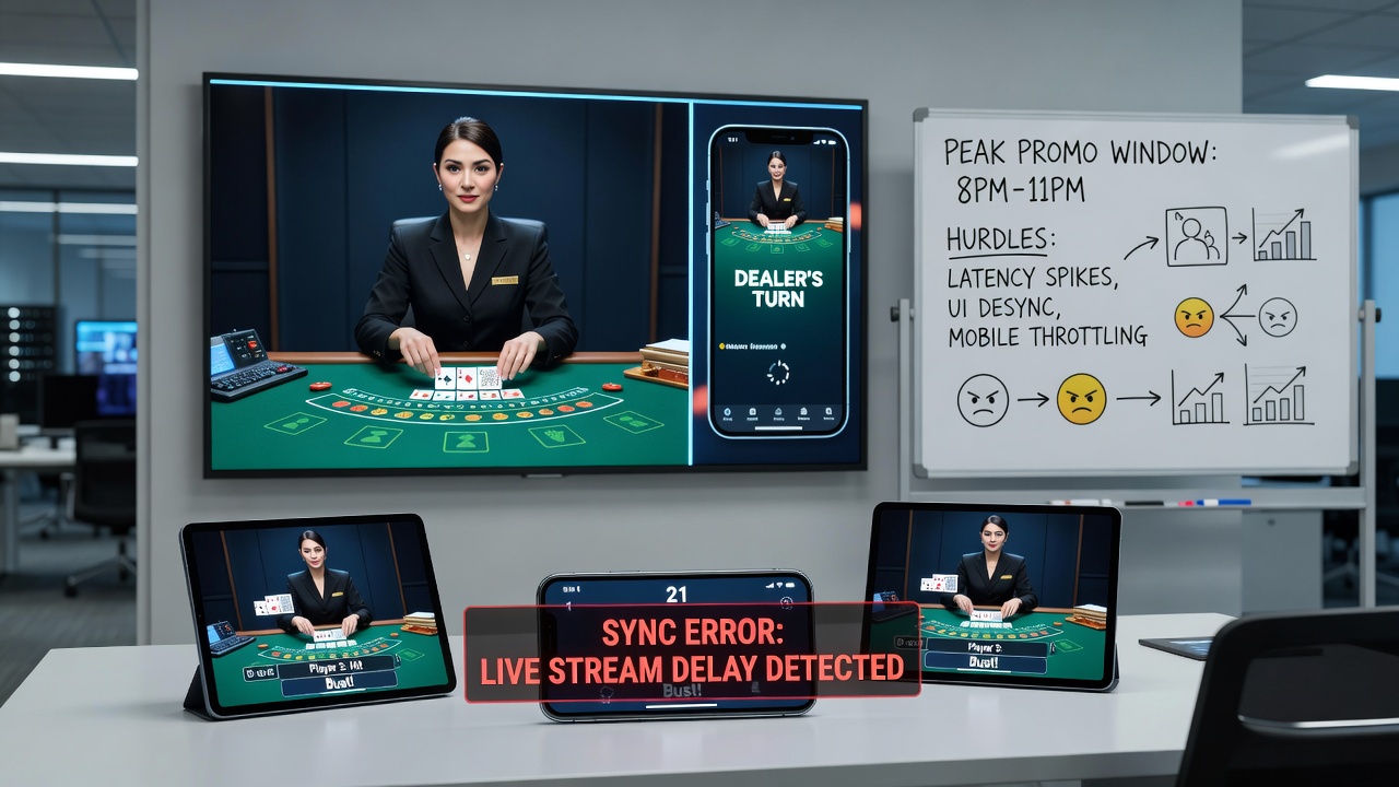 Live-Dealer-Stream und mobiles Blackjack-Interface mit sichtbaren Verzögerungsindikatoren während einer Promotion