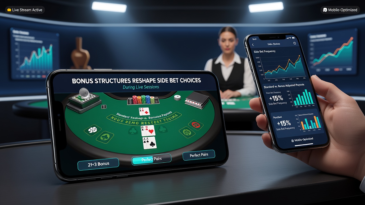Live-Dealer-Blackjack-Tisch auf einem Smartphone-Display mit hervorgehobenen Seitenwetten und Bonusfortschritt